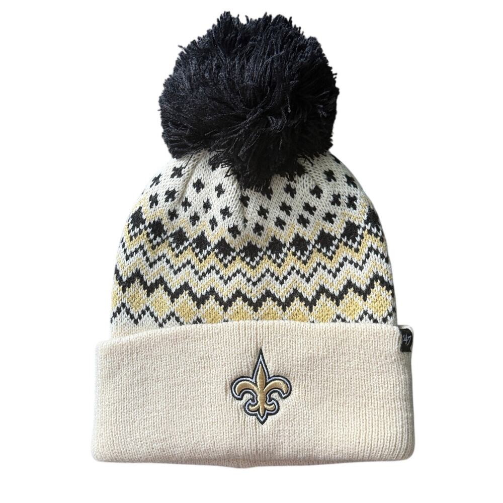 ‘47 New Orleans Saints Elsa Cuffed Knit Hat Pom Women’s Fair Isle Black NWT